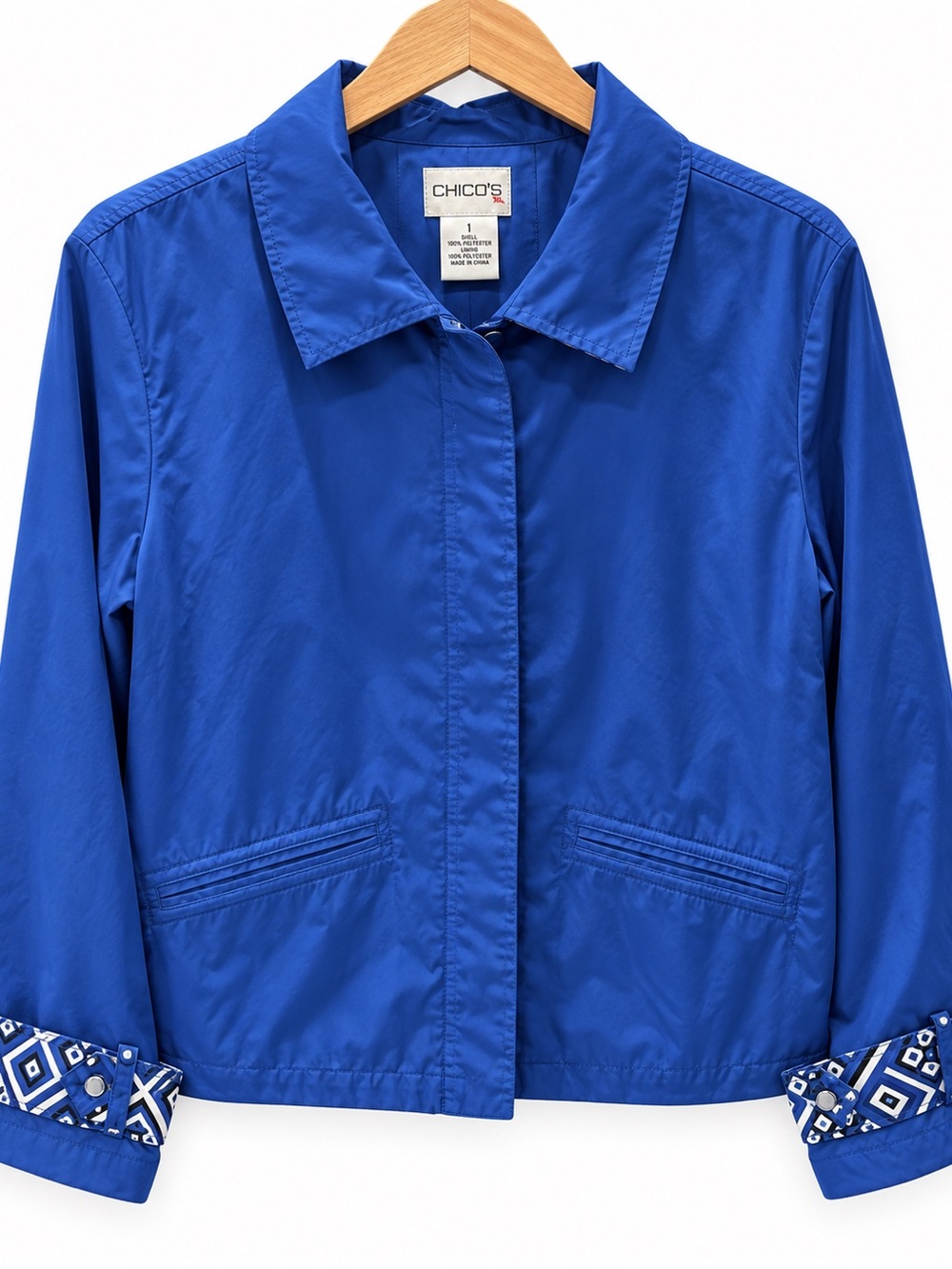 Chico’s Size 1 M Cobalt Blue Lightweight Jacket Geometric Cuffs